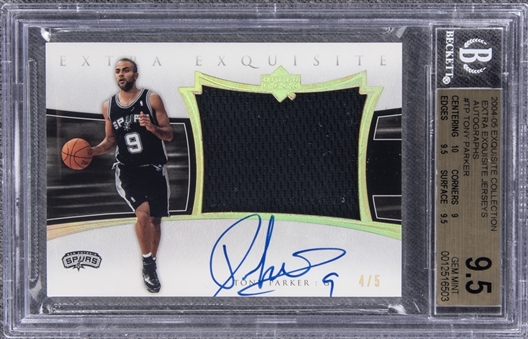 2004-05 UD "Exquisite Collection" Extra Exquisite Jerseys Autographs #TP Tony Parker Signed Game Used Patch Card (#4/5) – BGS GEM MINT 9.5/BGS 9 